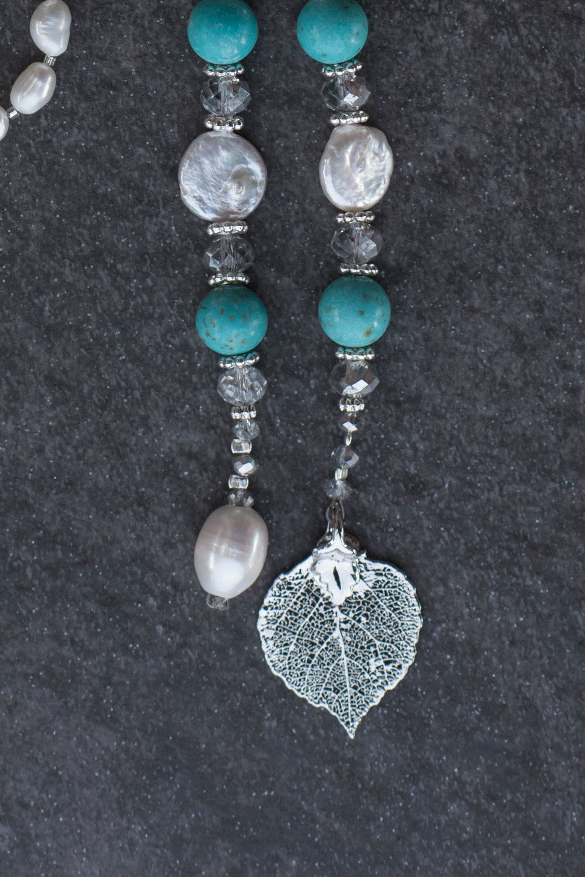 Silver leaf lariat, Turquoise & white Freshwater pearls