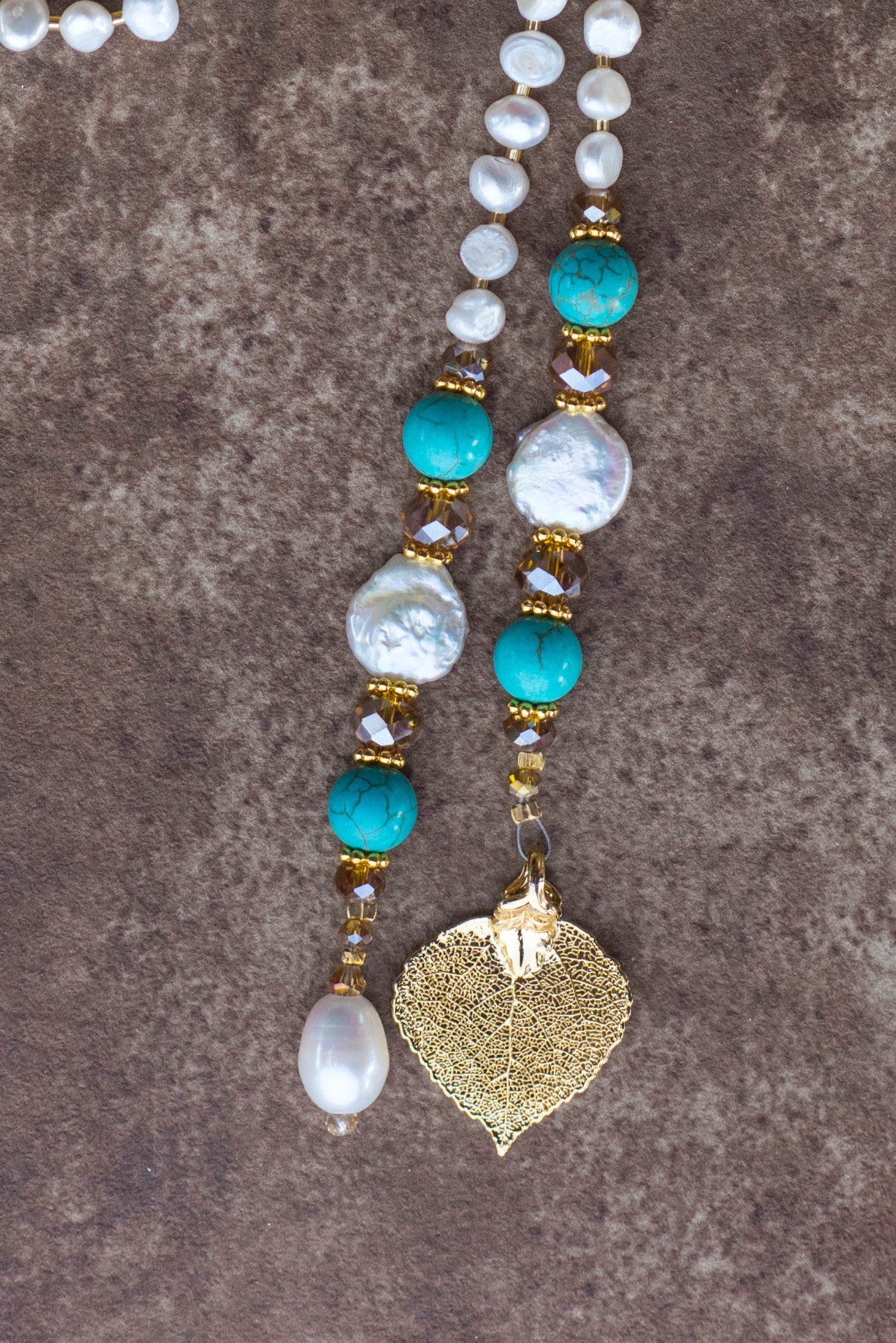 Gold leaf lariat, Turquoise & white Freshwater pearls