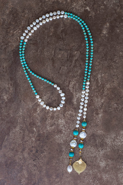 Gold leaf lariat, Turquoise & white Freshwater pearls