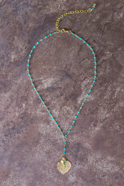 Gold leaf & Turquoise dramatic Y style necklace