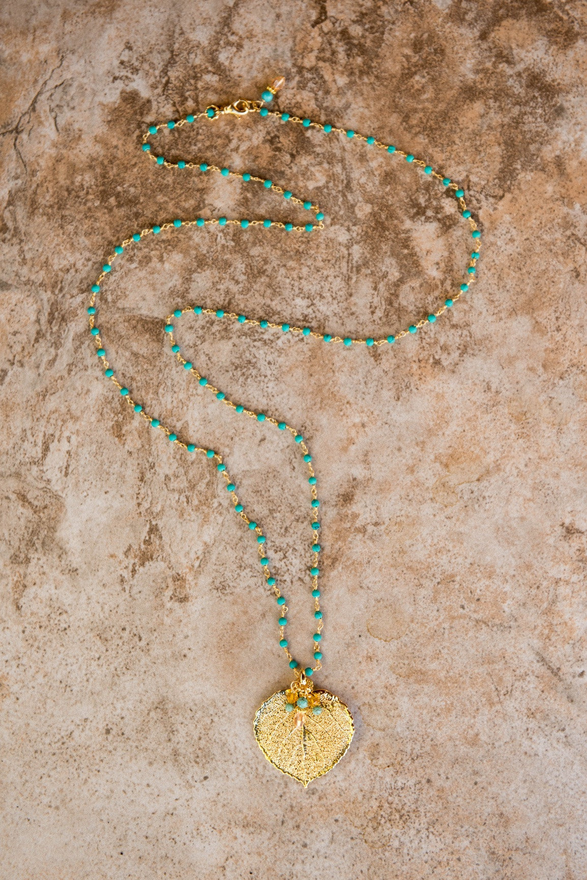 Gold leaf &Turquoise longer length necklace