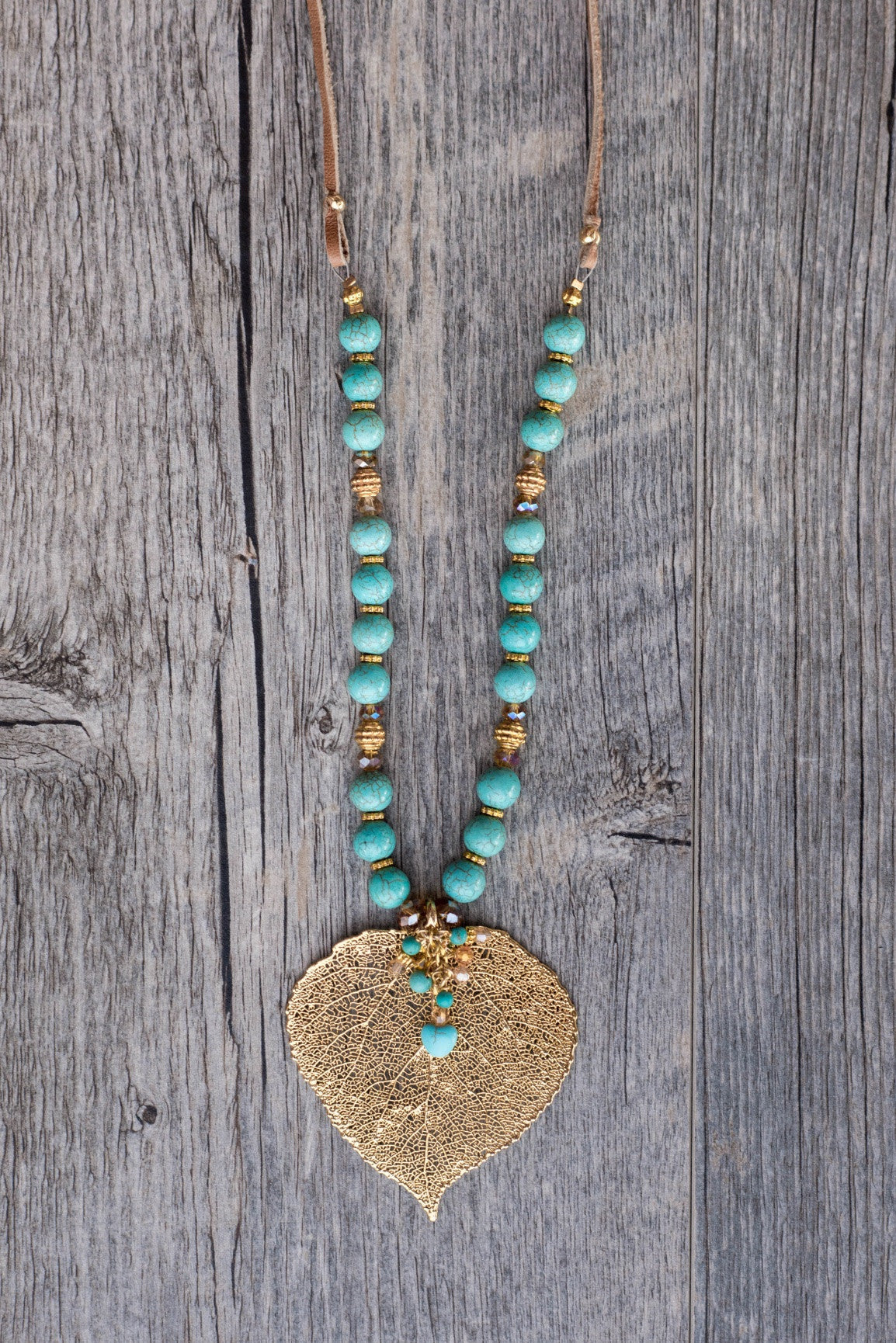 Large Gold leaf &Turquoise necklace finished with dangle