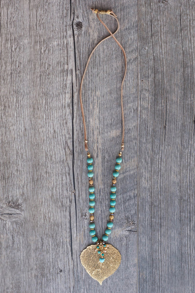 Large Gold leaf &Turquoise necklace finished with dangle