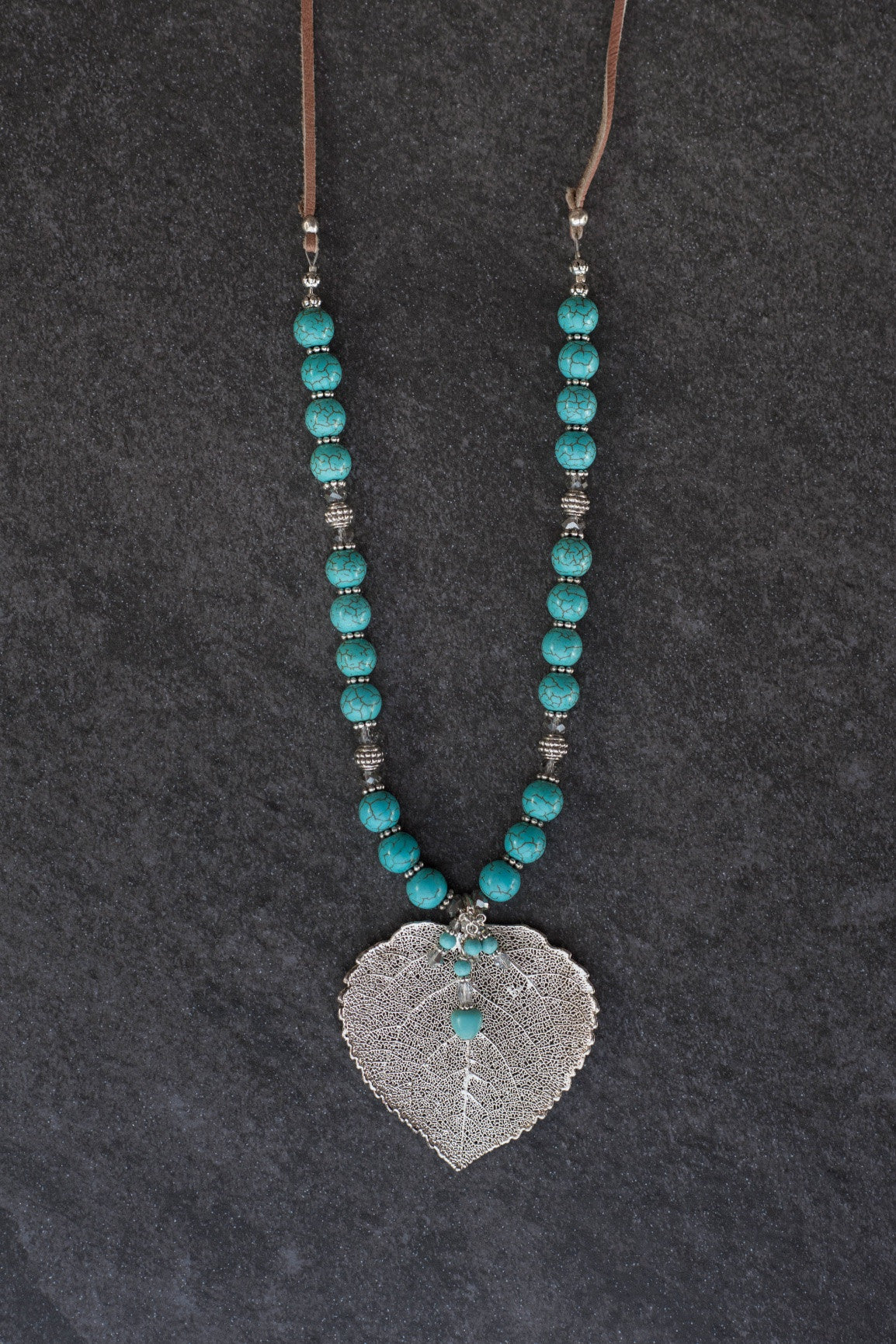 Large Silver leaf &Turquoise necklace finished with dangle