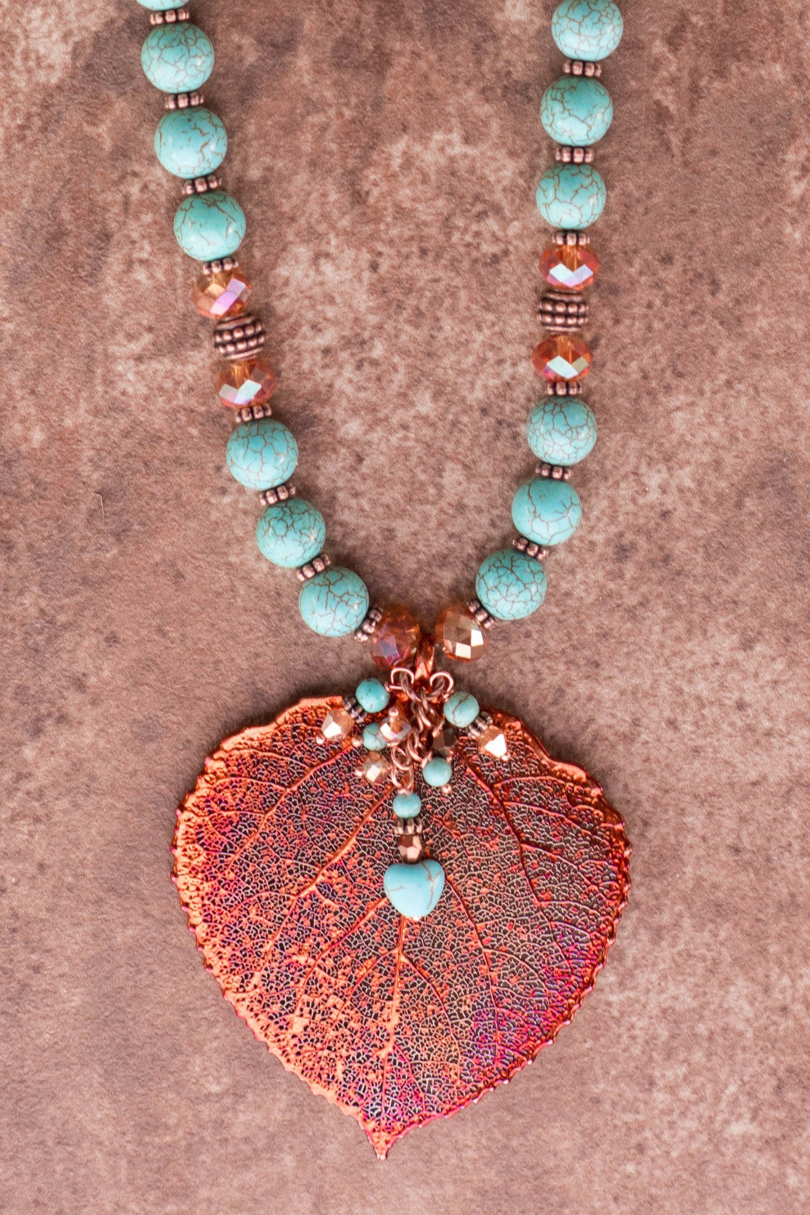 Large Copper leaf &Turquoise necklace finished with dangle