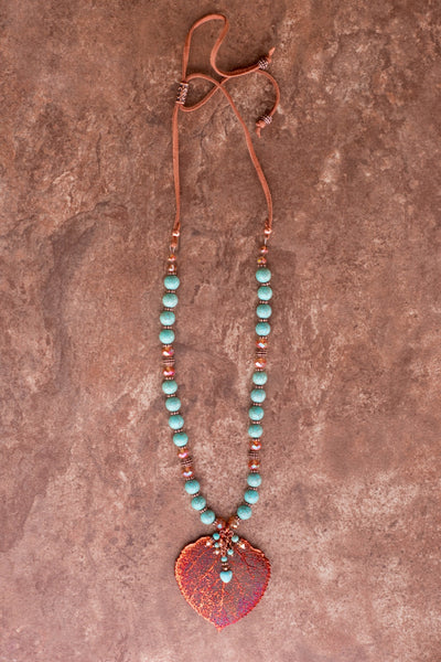 Large Copper leaf &Turquoise necklace finished with dangle