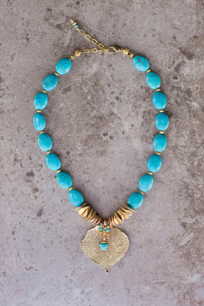 Gold leaf &Turquoise choker gold disc necklace