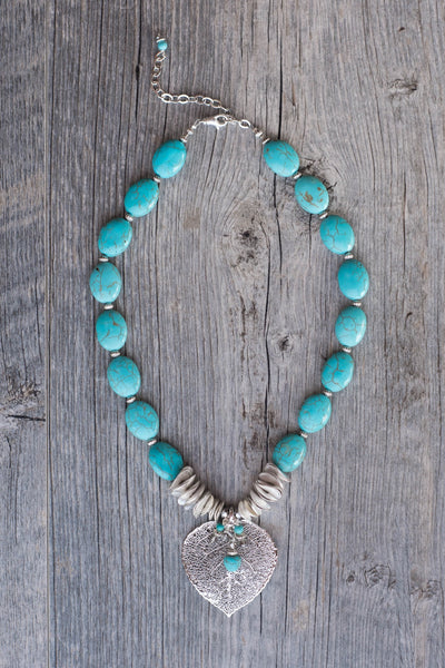 Silver leaf &Turquoise choker disc necklace
