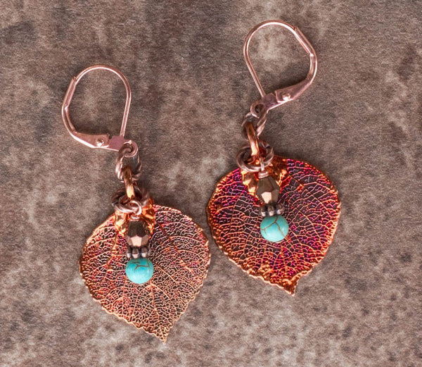 Copper leaf &Turquoise short earrings