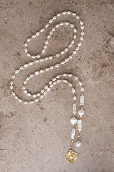 Lariat: White Freshwater & coin pearls created  with gold crystals and a gold Aspen leaf