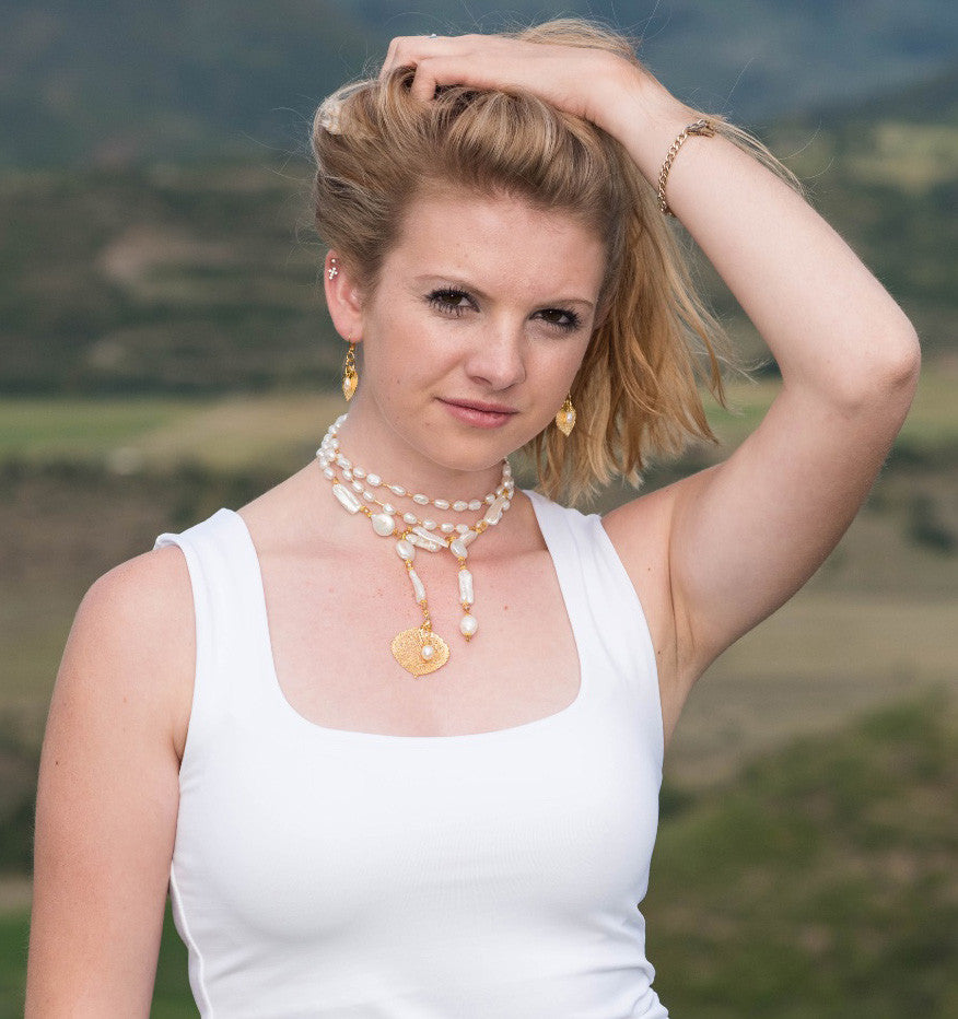 Lariat: White Freshwater & coin pearls created  with gold crystals and a gold Aspen leaf