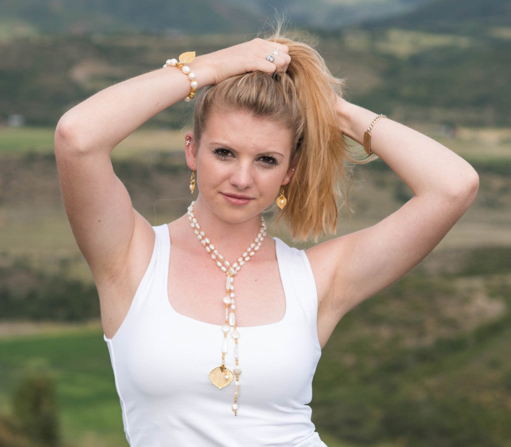 Lariat: White Freshwater & coin pearls created  with gold crystals and a gold Aspen leaf