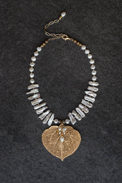 White freshwater stick pearls:  Dramatic choker necklace highlighting the Gold Aspen leaf and pearl /crystal dangles