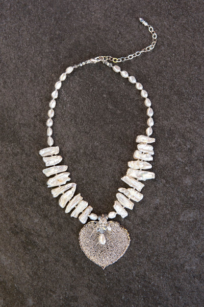 White freshwater stick pearls:  Dramatic choker necklace highlighting the silver Aspen leaf and pearl /crystal dangles