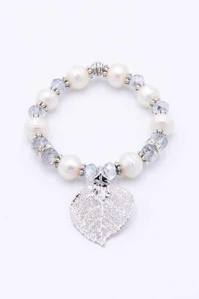 Silver leaf, white freshwater pearl with crystals stretch bracelet