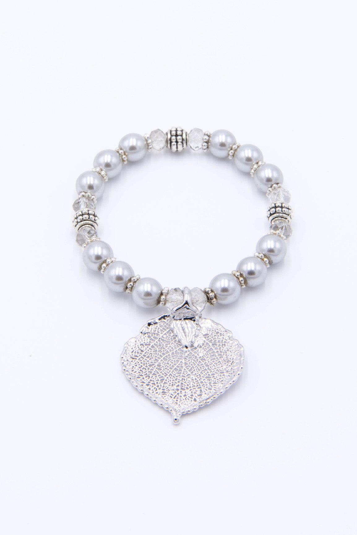 Silver leaf, silver glass pearls with crystals stretch bracelet