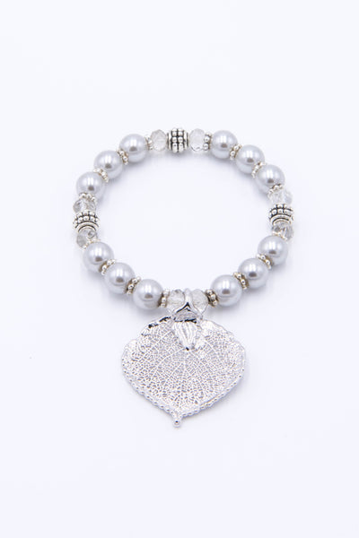 Silver leaf, silver glass pearls with crystals stretch bracelet