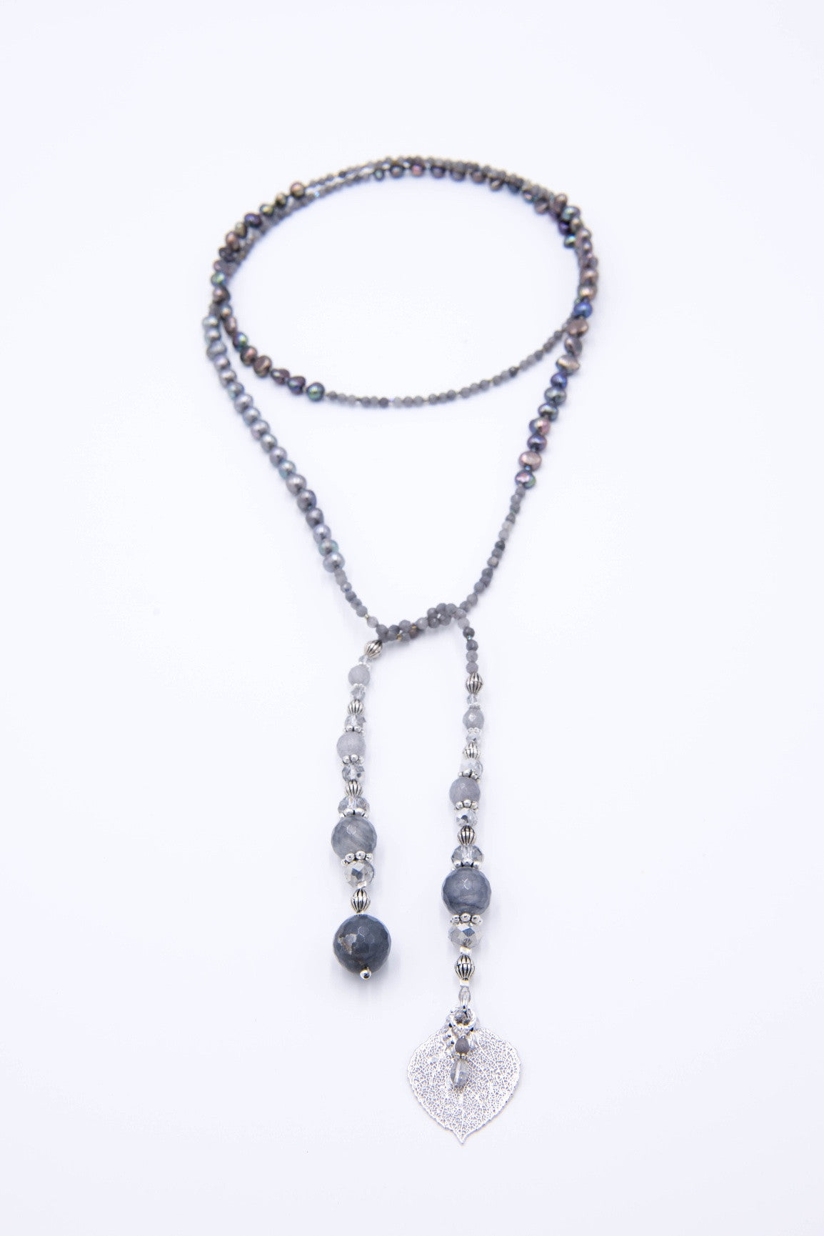 Silver leaf lariat grey quartz freshwater peacock pearls necklace